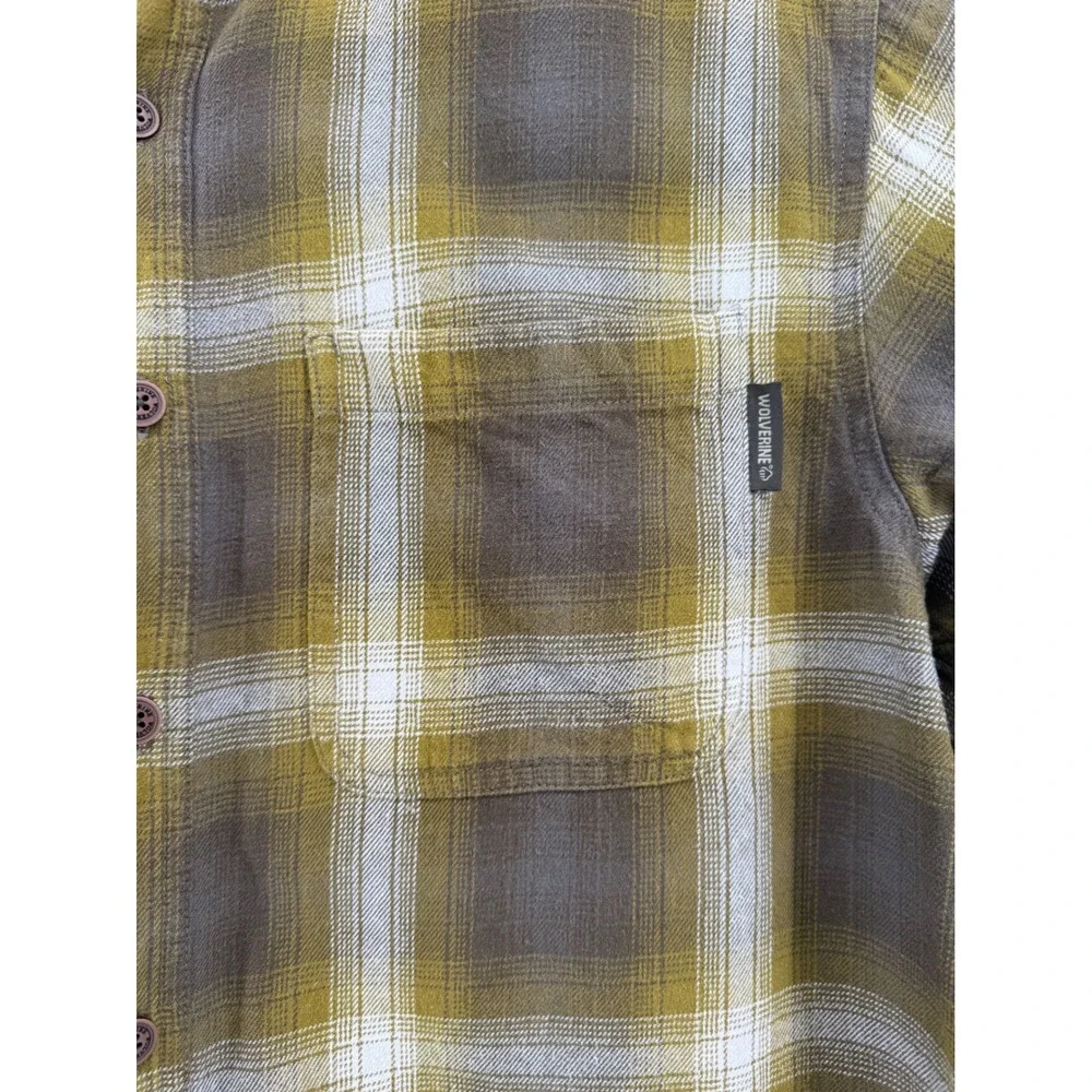 Wolverine Plaid Flannel Button Up‎ Men L 100% Cotton Olive Green Hiking Heavy